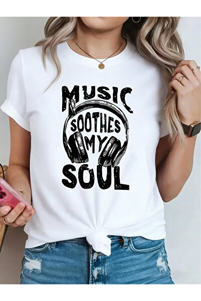 LİNA06 تي شيرت نسائي بتصميم عتيق بطبعة حروف "MUSIC SOOTHES MY SOUL" بأكمام قص...