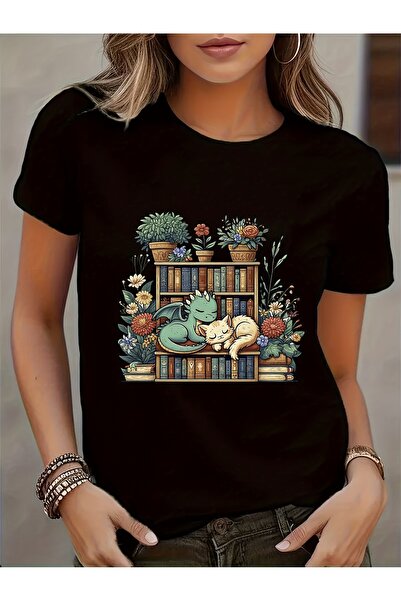 212Wear تي شيرت نسائي كاجوال بأكمام قصيرة - تصميم مريح بطبعة قطة ورف كتب وزهو...