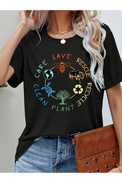 NOURAM تي شيرت نسائي بنمط "Save Animals, Recycle Plastic, Day" بأكمام قصيرة و...