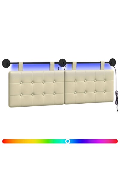 vidaxl Tăblie de pat suspendată Cu lumină LED Crem Piele artificială