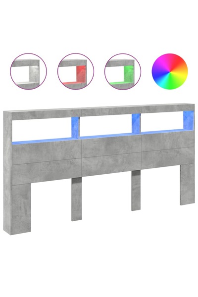 vidaxl Tăblie de pat cu dulap și LED, gri beton, 200x17x102 cm