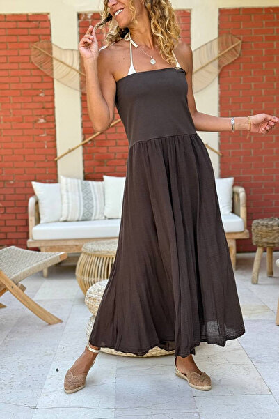 Güneşkızı Brown Lined Pleated Cotton Strapless Woven Dress Skirt 100 40