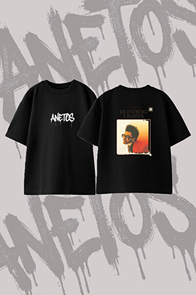 Anetos The Weeknd Blinding Lights Design Back Printed Cotton Black Oversize T...