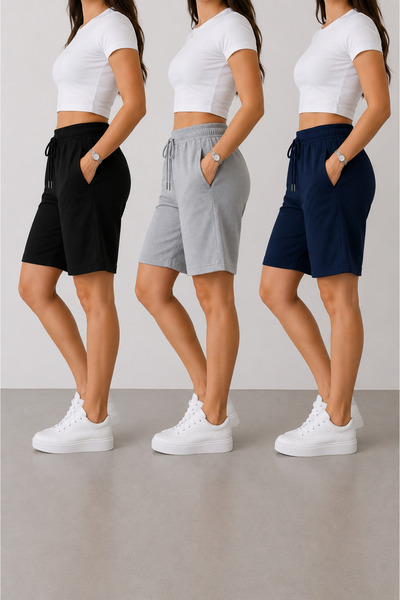 BRACCİX Women's Summer Sports Shorts Set of 3 Black Gray Navy Blue Comfortable Fit Anti-Sweat Daily Use