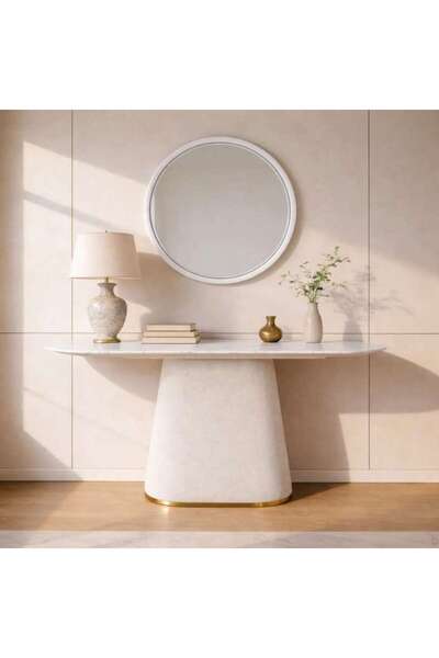PAN HOME EDRON CONSOLE TABLE WITH MIRROR MARBLE - WHITE & BEIGE
