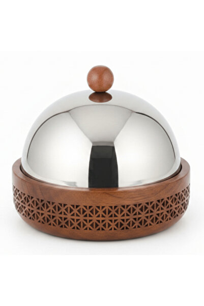 AKDC Luhpar Brown Wooden Bowl with Stainless Steel Dome Lid - 30×30 cm