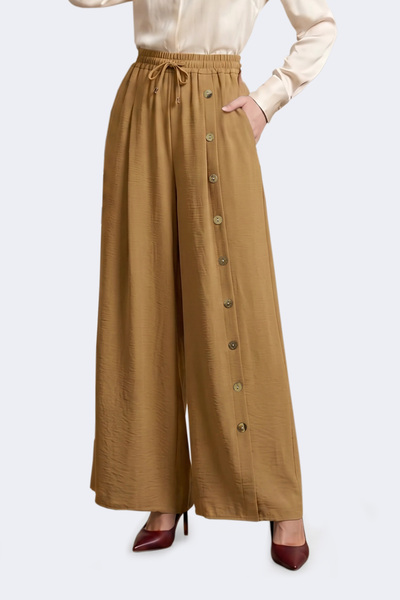 BEARRAYBON Women's Light Brown Loose-Leg Ayrobin Pants (Elastic Waist and Poc...