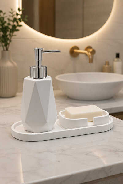 Lyzovi 3 Parça Mermer Desenli Lüks Banyo Seti | Sıvı Sabunluk, Sabunluk, Oval...