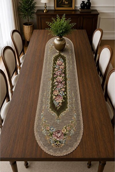 Yeshome Collection Royal Bouquet Şönilli Goblen 40X170 Oval Runner - Coffee T...