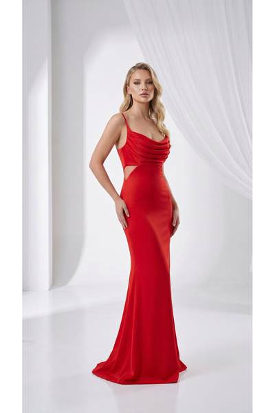 holie dress SATEN UZUN ABİYE ELBİSE DEGAJE YAKA BEL DEKOLTELİ BALIK MODEL DAV...