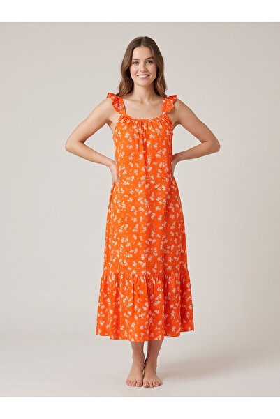 gökçesu Women's Strappy Patterned Summer Dress - Ruffle Detailed Strappy Midi...