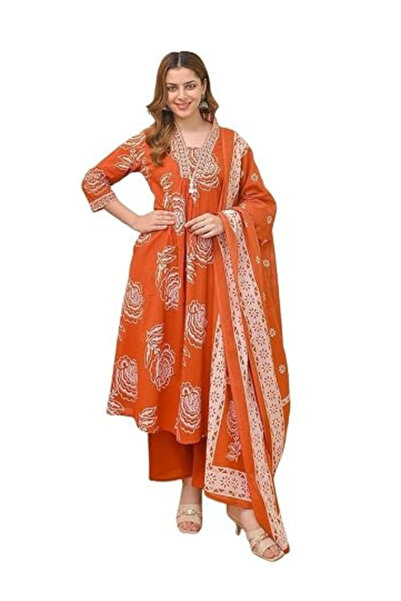 MYSMAR Orange Viscose Floral Print A-Line Kurta Set - ALV2215 | Orange-Size:L...