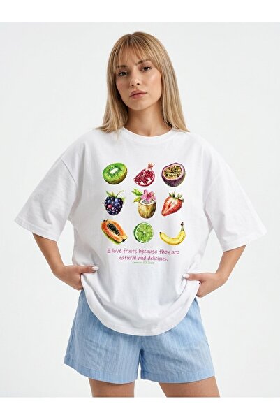 TrendAllStore Fruits Printed Oversize Short Sleeve Summer Basic T-Shirt