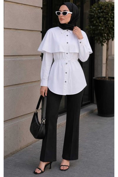 YEK&BİR Women's Stylish Tunic Shirt with Cape Collar and Button Detail