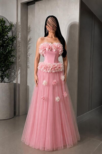 Bamah Baby Pink Color Laser Rose Elegant and Luxurious Long Evening Dress