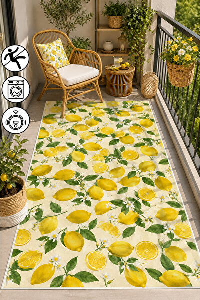 blcmoda Limon Desenli Modern Baskılı Kaymaz Yıkanabilir Robot Süpürgeye Uygun...
