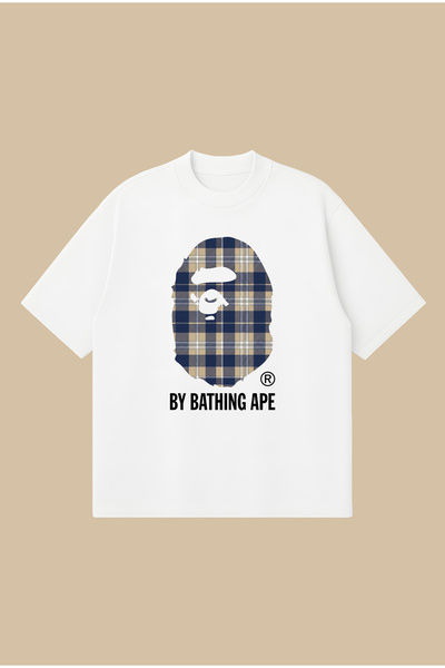PURE POWER Μπλουζάκι μπλε καρό Bape με στάμπα, oversized, boxy κοπή, unisex, ...
