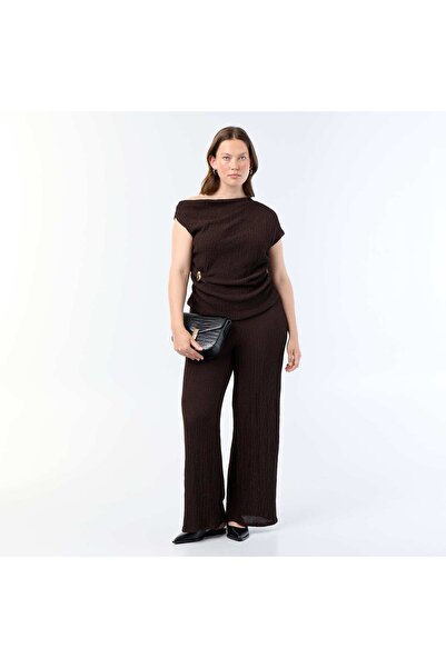 KIABI Waffle Knit Wide Leg Pants BROWN