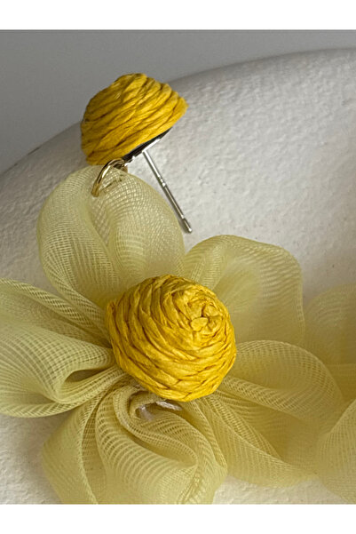 BHR AKSESUAR Yellow Tulle Detailed Flower Straw Earrings (6 cm)