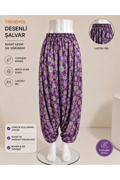 EM&MA DESİNG Mor Yaprak Desenli Payetli Şalvar – Lastikli Bel, Rahat Kesim