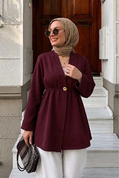 Lunfia Lastikli Bel, Katlanabilir Kolu, Tek Düğmeli Krep Kimono - Mürdüm
