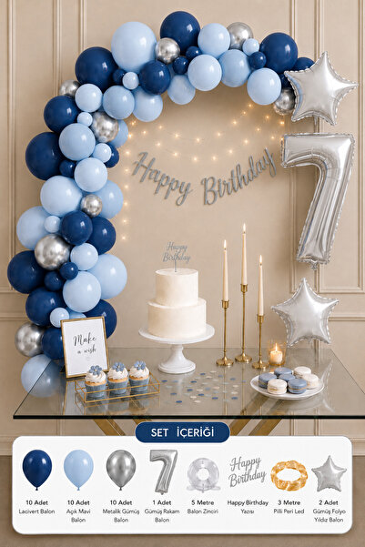 Baloncu Nene 7 Yaş Doğum Günü Parti Seti Lacivert Açık Mavi Gümüş Balon Zinci...