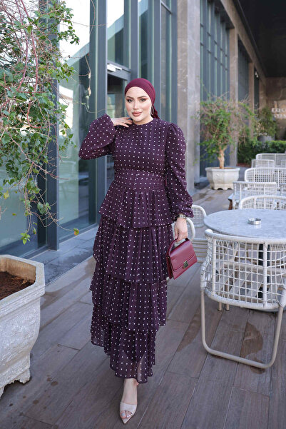 İmajButik Φόρεμα από σιφόν με πουά σε χρώμα δαμασκηνί και στρώσεις