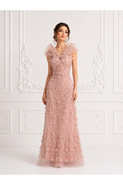 ranin Dusty Pink Tulle Evening Dress with Beaded Embroidery