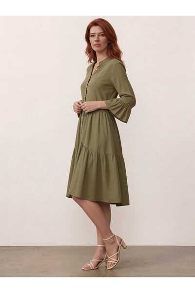 DenizEge Ruffled Viscose Dress Khaki