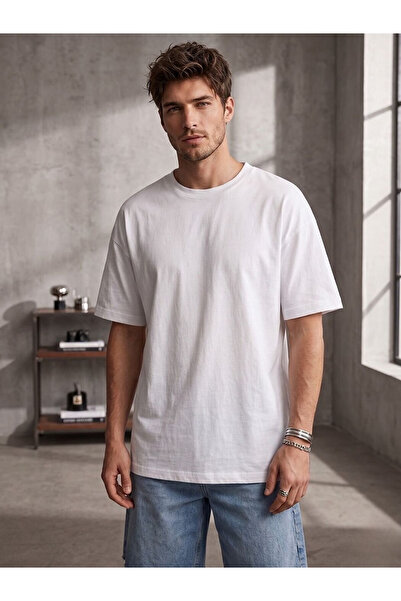 Flubutik Men's White 100% Organic Cotton Textured Comfort Fit Crew Neck T-Shirt