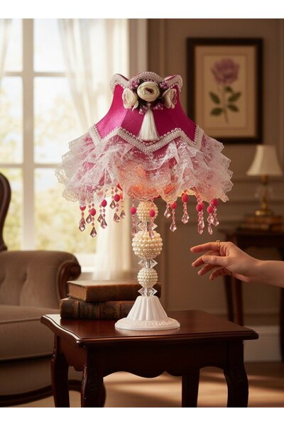 Dekovien Fuchsia Velvet White Lace Flower Decorated Headboard with Pearls and...