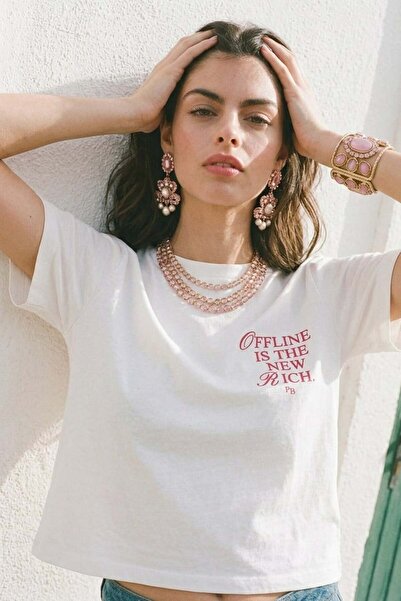 BARRELS AND OIL Women's T-Shirt with Text Printed on the Chest - Ecru