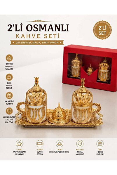 KOZMİK GİFT 2’li Osmanlı Türk Kahvesi Fincanı Seti Gümüş-Altın-Bronz Renk Met...