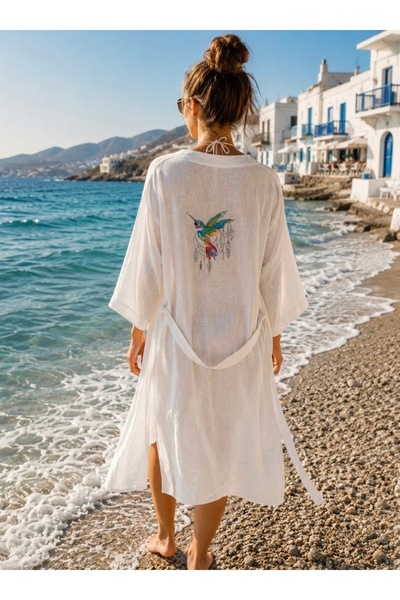 uçan kuş nakışlı%100 keten kimono