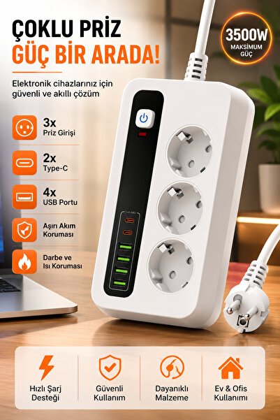 MATECHNO 3500W 3'lü Topraklı Akım Korumalı Çoklu Priz | 2 Type-C PD + 4 USB H...