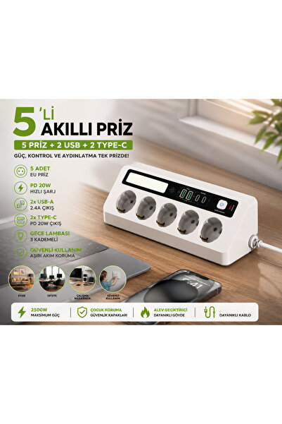 asua 5'li Topraklı Çoklu Priz 2500W | 2 USB + 2 Type-C Hızlı Şarj | Dokunmati...