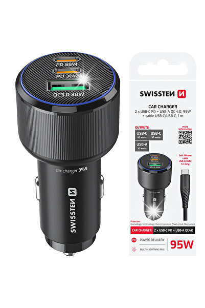 NO BRAND ÎNCĂRCĂTOR AUTO 2x USB-C PD + USB-A 95W + CABLU USB-C 1m SWISSTEN