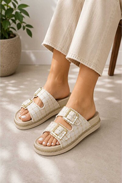KADİM TEKSTİL Women's Double Buckle Textured Fabric Daily Slippers