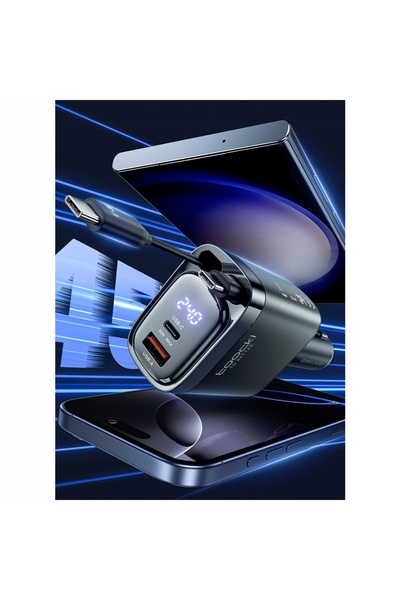 Toocki ÎNCĂRCĂTOR AUTO 105W CU DOUĂ CABLURI RULANTE + PORT USB A + PORT TYPE-C
