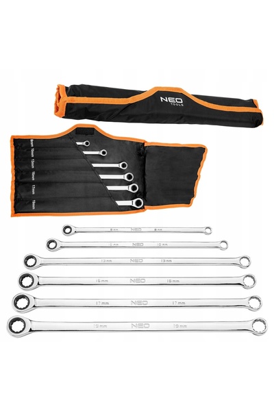 NEO Tools Set de 6 chei tubulare lungi cu clichet, 8 - 19 mm, cu husă.