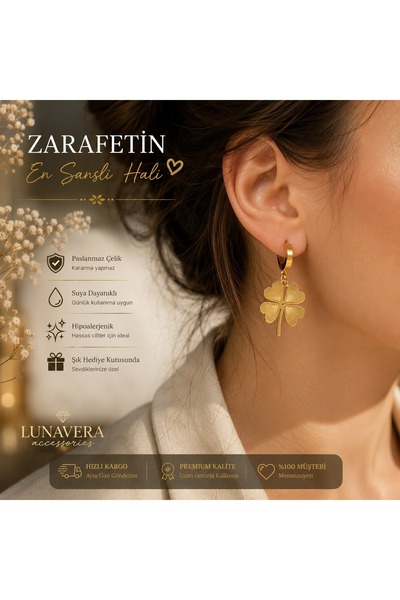 Lunavera Luxe Kadın Dört Yaprak Yonca Figürlü Paslanmaz Çelik Halka Küpe Gold...