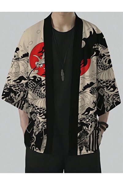 Minga London Retro Dragon Design Red Black Detailed Unisex Kimono-Mingalondon