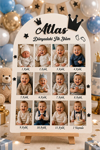 İKANWOODS Kişiye Özel İsimli Bebek 12 Ay Fotoğraf Anı Panosu 35x50 cm Ahşap 1...