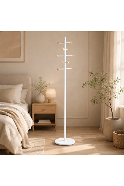 Palma homez علاقة ملابس أرضية معدنية بيضاء متعددة الخطافات بلمسات خشبية 190×3...