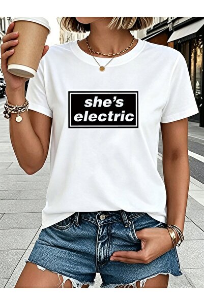 45 BPM تي شيرت نسائي بأكمام قصيرة من She's Electric - قميص برقبة دائرية وطباع...