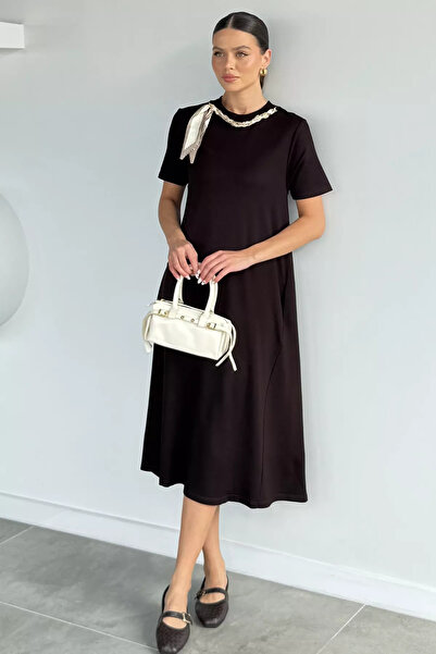 Aryena Brown Women's Dress with Scarf Accessory