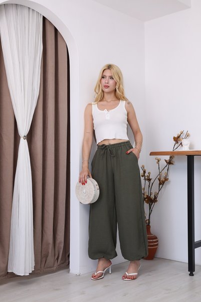 sahraozluk Elastic Waist Linen Shalwar Trousers Khaki