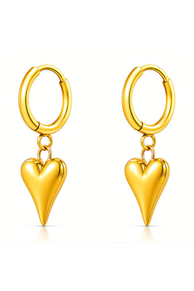 OEM Gold Sculpted Dangle Heart Earrings, Stainless Steel, 18K Gold Plated