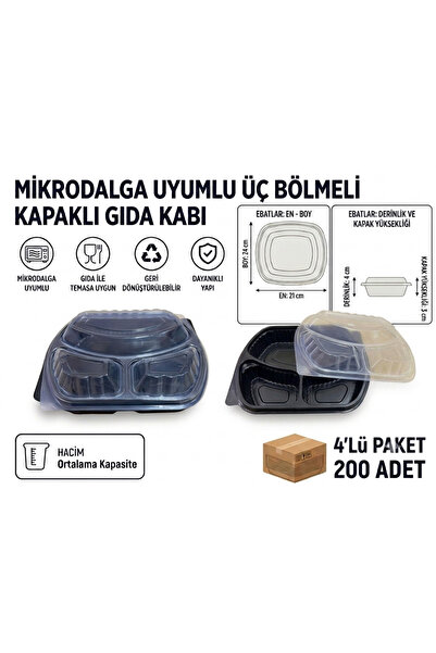 Tuffix 200 Adet Mikrodalga Uyumlu Üç Bölmeli Kapaklı Gıda Kabı
