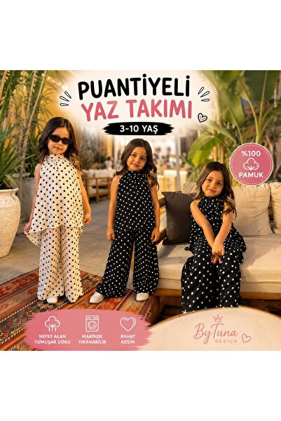 BY TUNA DESİGN Girl's Black and White Polka Dot Strappy Blouse and Pants Set ...